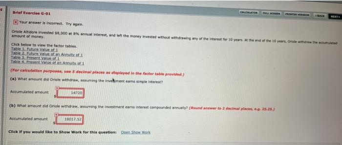  Brief Exercise G-01 CALERATOR NEXT Your answer is incorrect. Try again.
