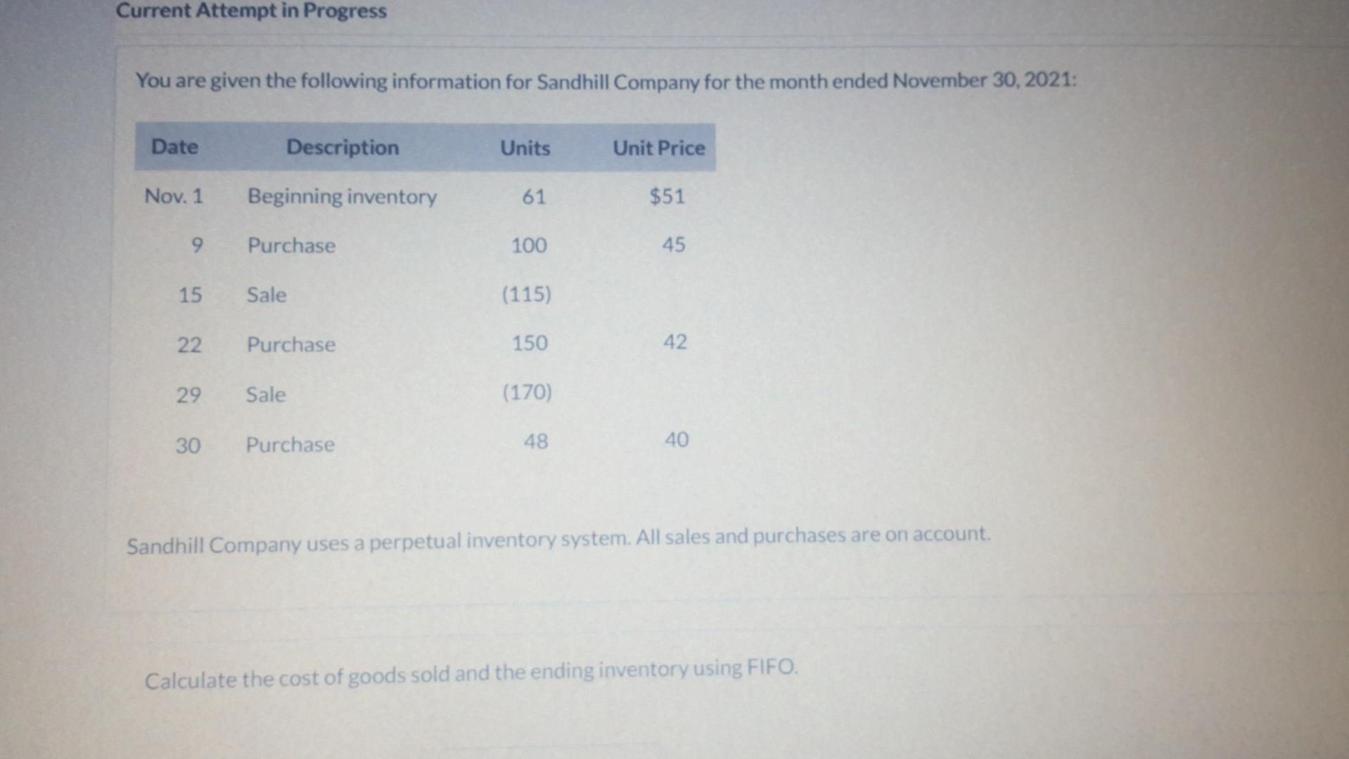 Current Attempt in Progress You are given the following information for