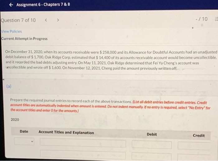  Assignment 6 - Chapters 7 & 8 Question 7 of 10