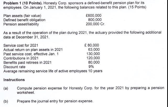  Problem 1 (10 Points). Honesty Corp. sponsors a defined benefit pension