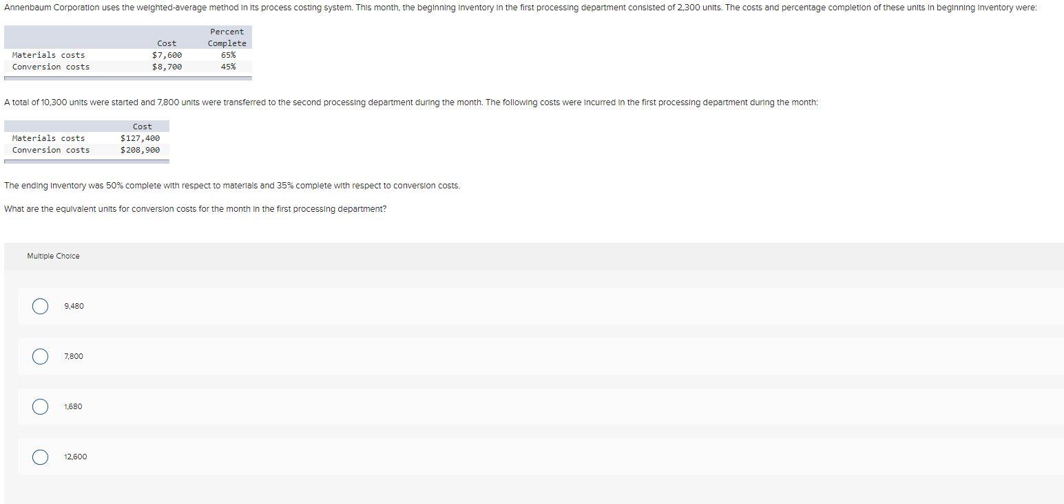 This month, the beginning Inventory in the first processing department consisted of