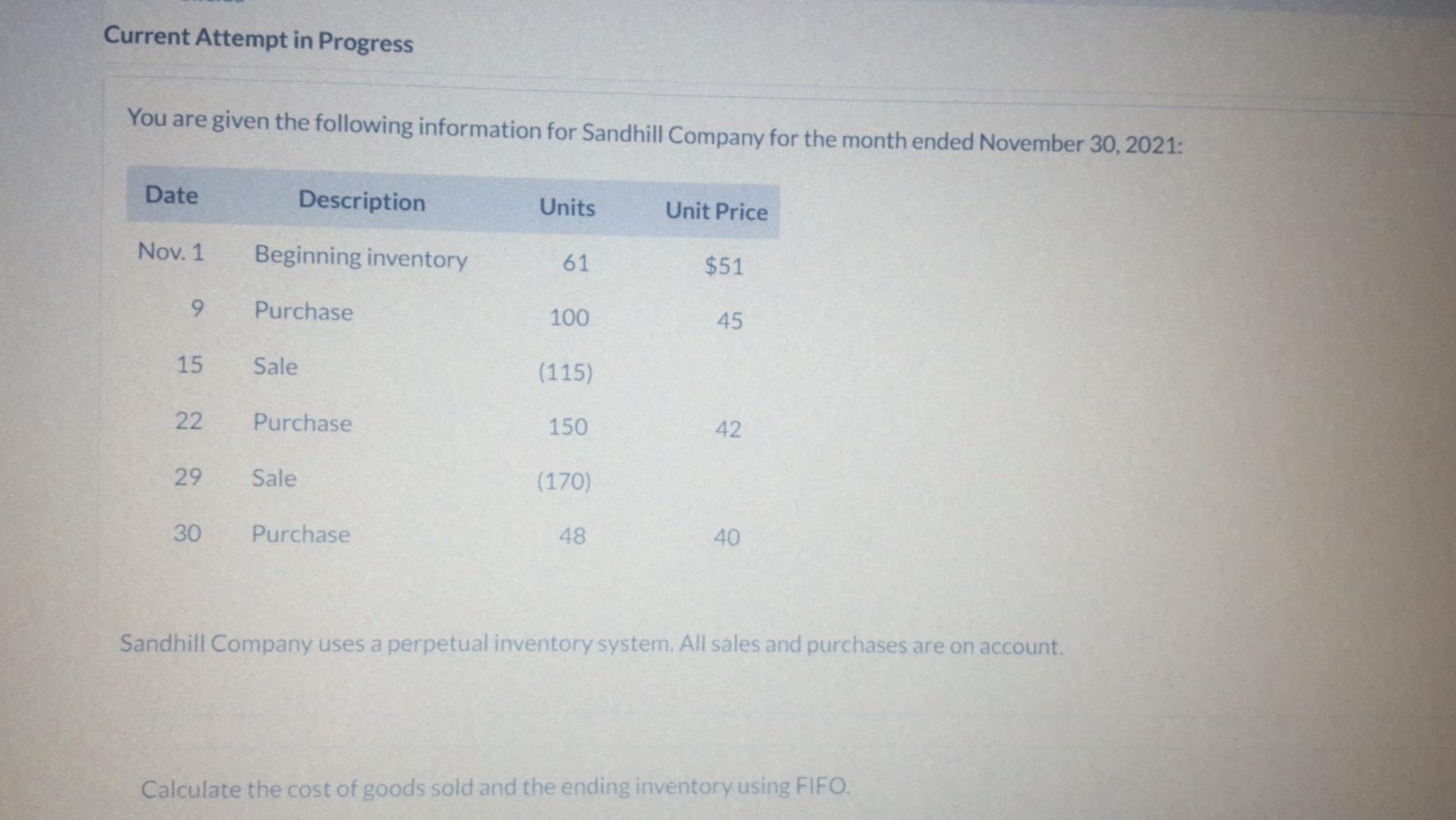  Current Attempt in Progress You are given the following information for