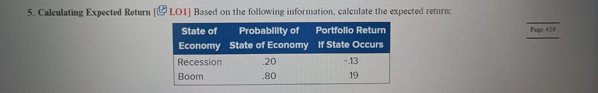  5. Calculating Expected Return [ LO1] Based on the following information,