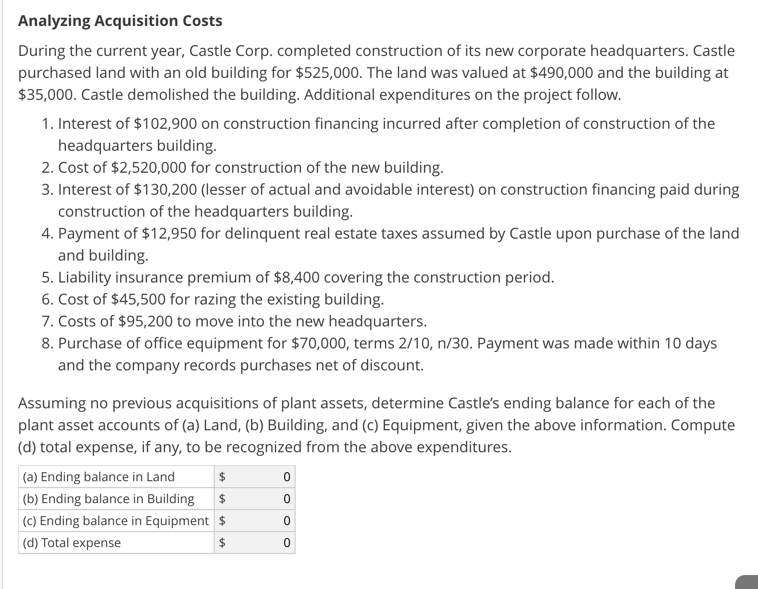  Analyzing Acquisition Costs During the current year, Castle Corp. completed construction