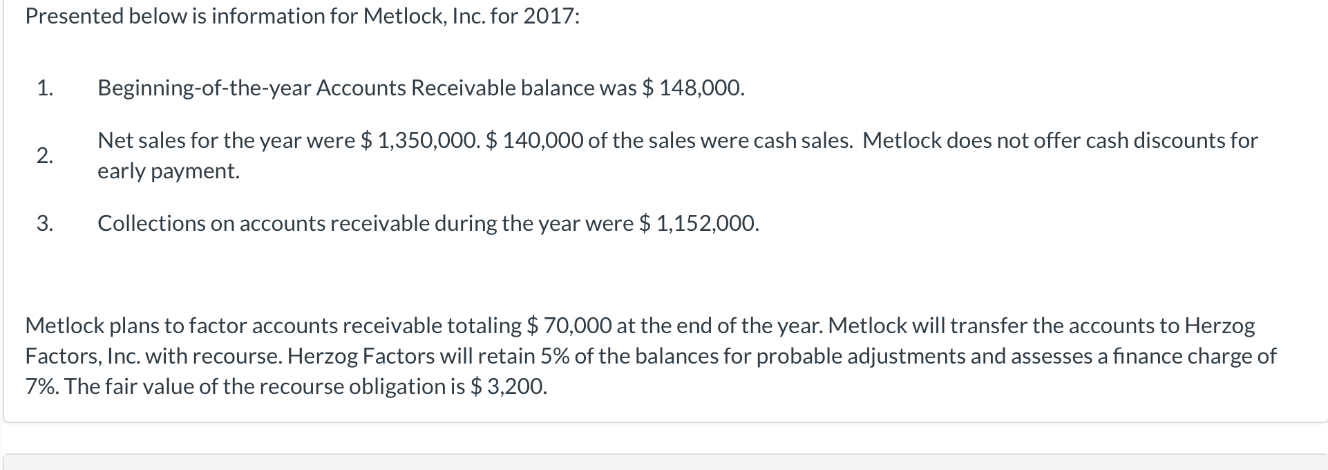 Presented below is information for Metlock, Inc. for 2017: 1. Beginning-of-the-year