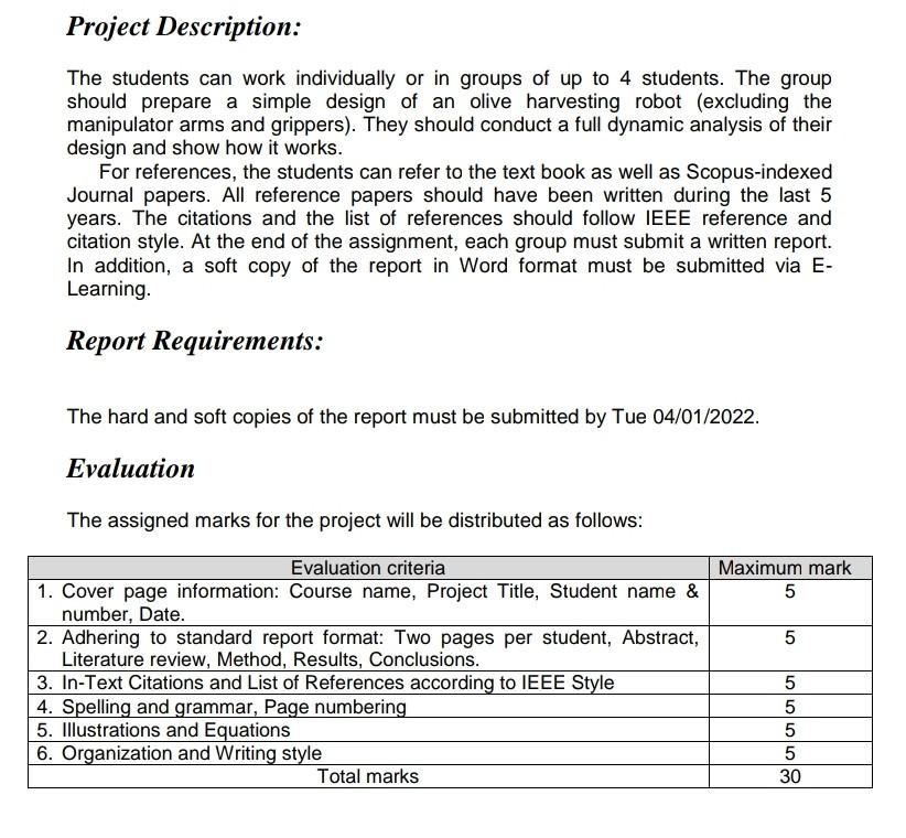 Dynamics project Project Description: The students can work individually or in