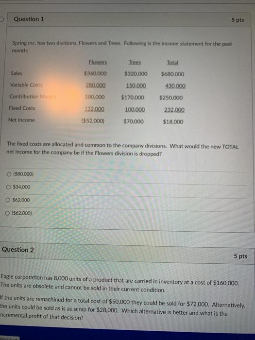  Question 1 5 pts Spring Inc. has two divisions, Flowers and
