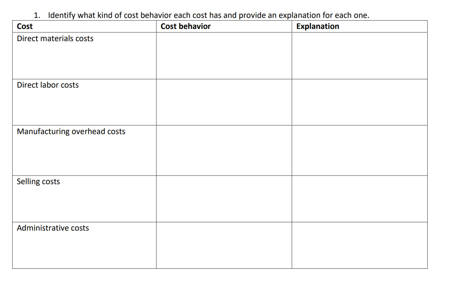 Please put your final answers in the table and show your work