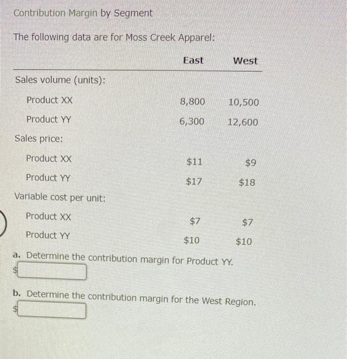 Contribution Margin by Segment Contribution Margin by Segment The following data are