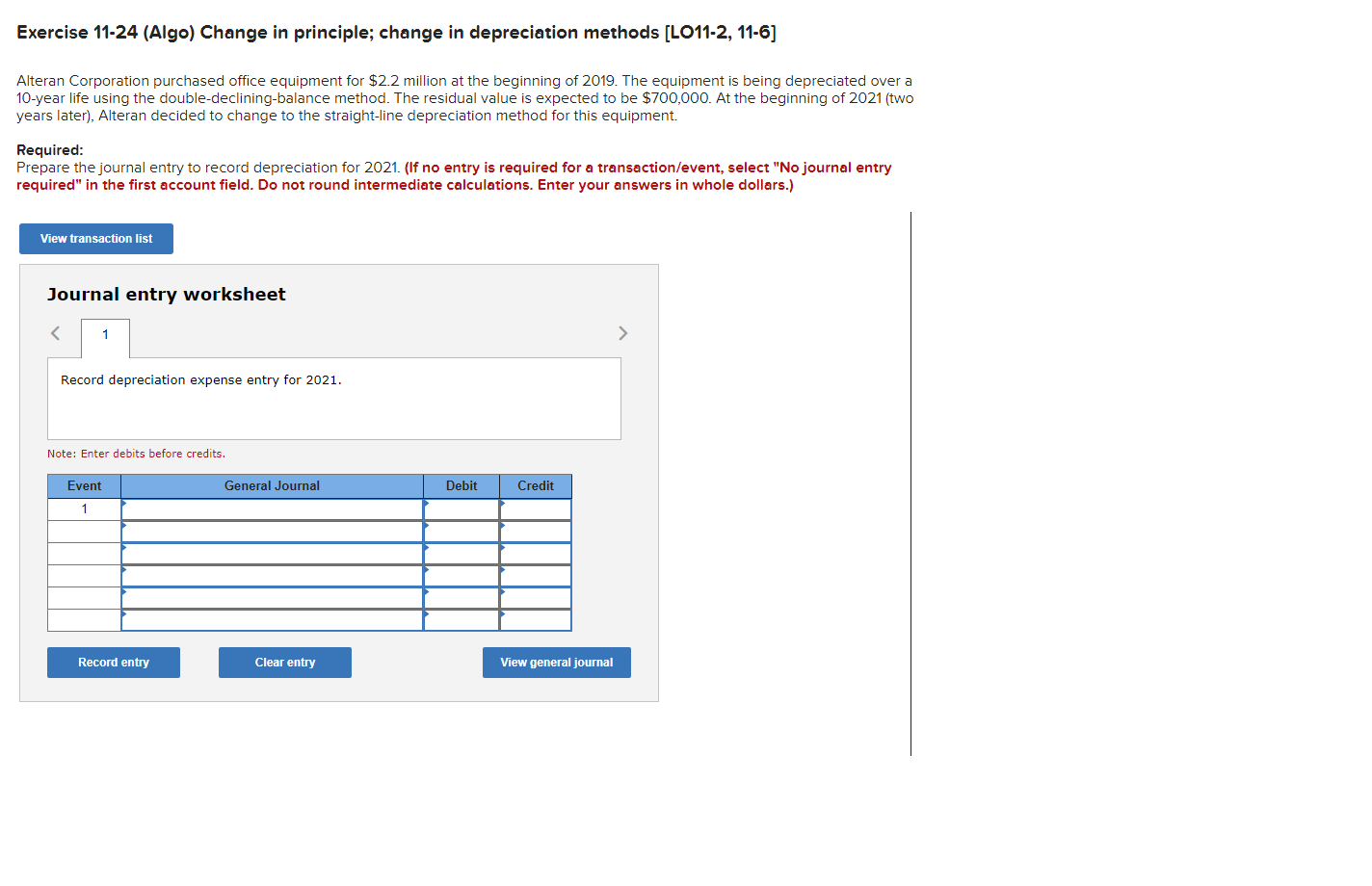 Prepare the journal entry to record depreciation for 2021 Exercise 11-24 (Algo)