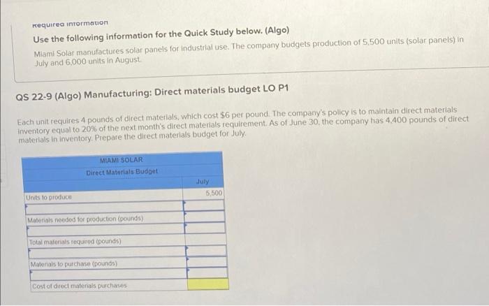  required information Use the following information for the Quick Study below.