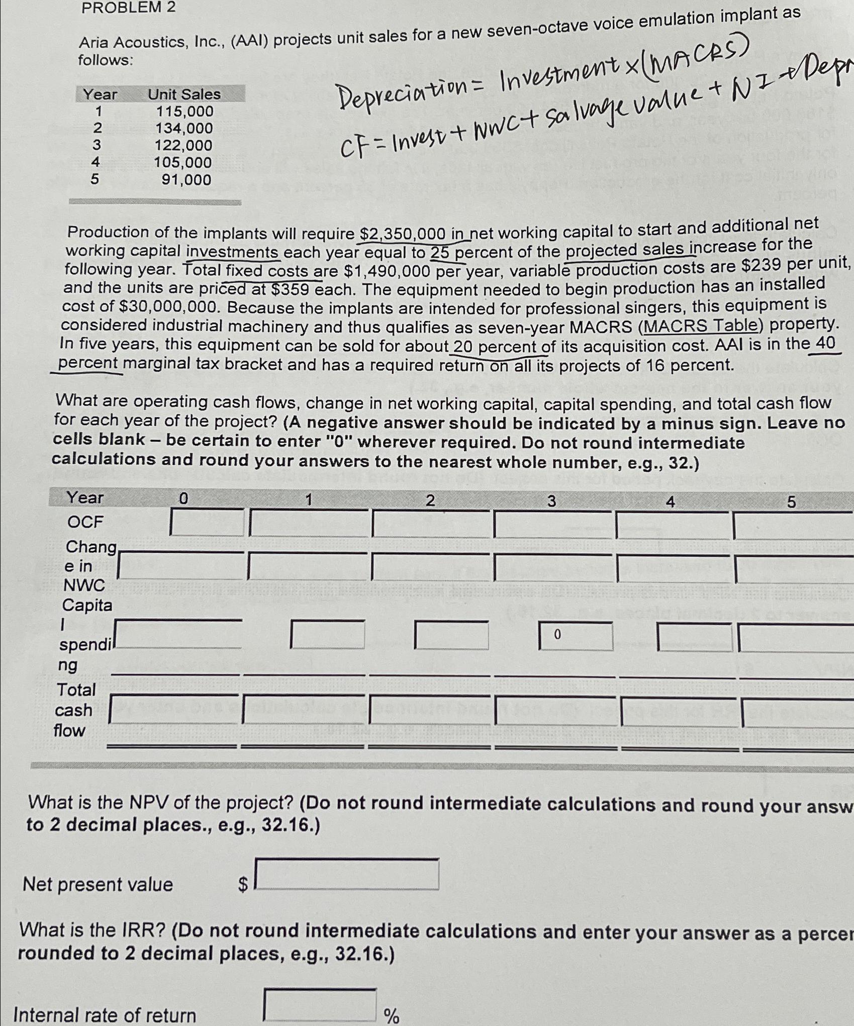  PROBLEM 2 Aria Acoustics, Inc., (AAl) projects unit sales for a