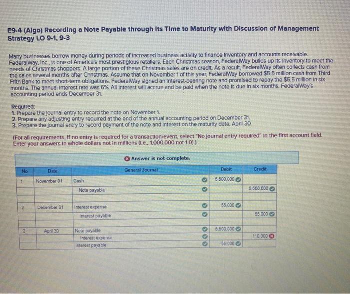Just need part 3. E9-4 (Algo) Recording a Note Payable through Its