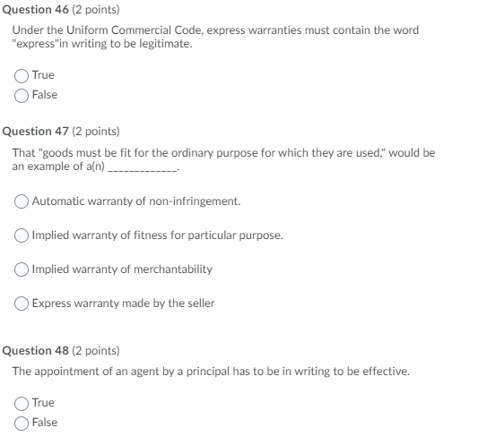  Question 46 (2 points) Under the Uniform Commercial Code, express warranties