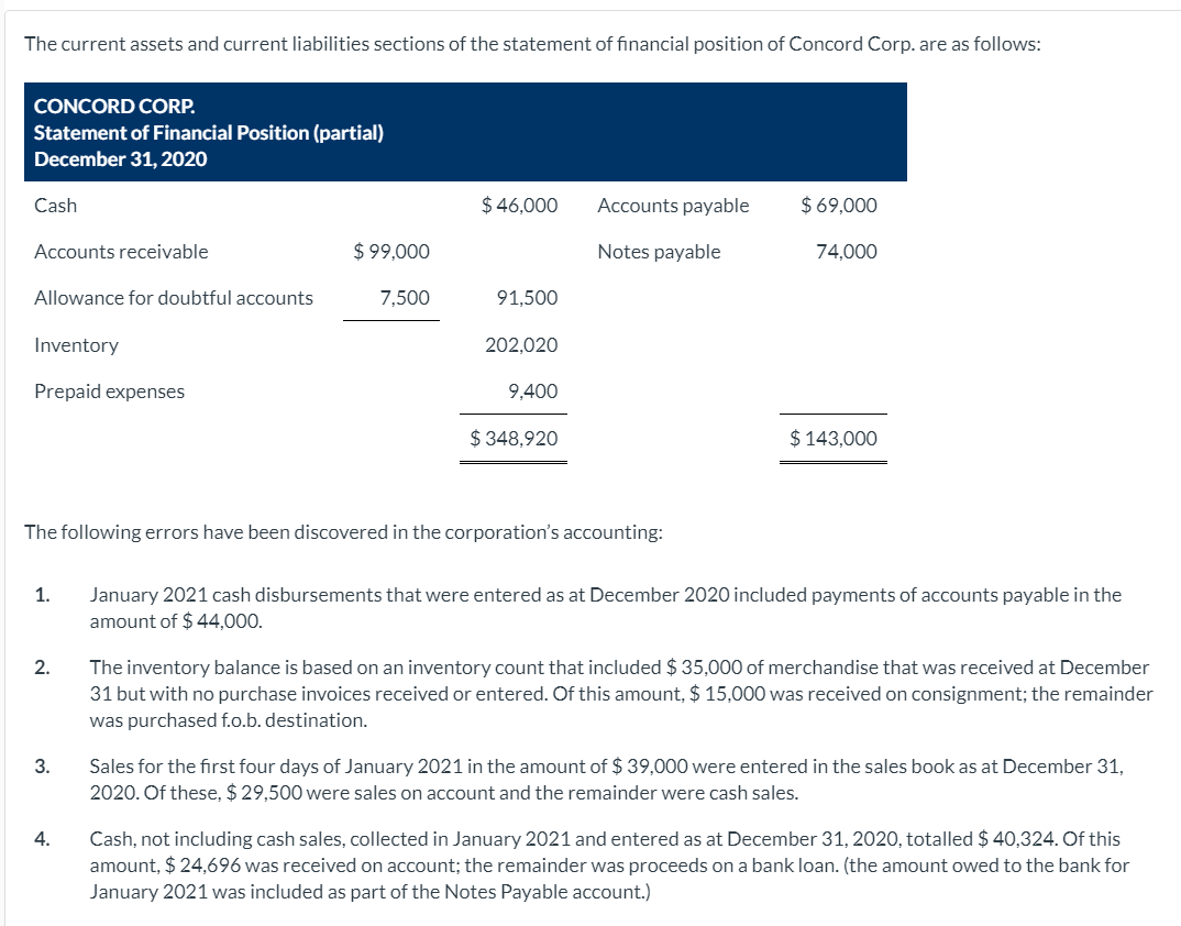  The current assets and current liabilities sections of the statement of