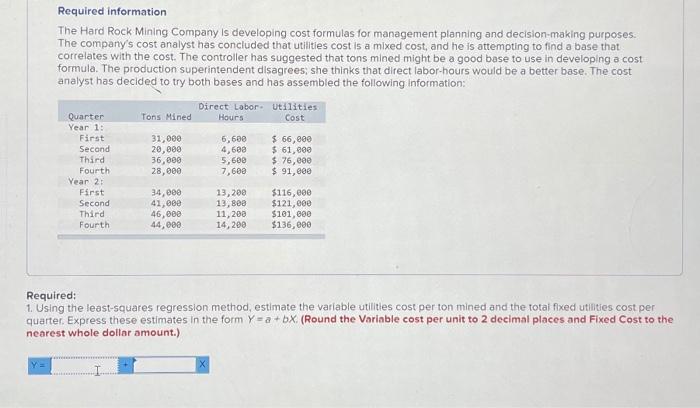  Required information The Hard Rock Mining Company is developing cost formulas
