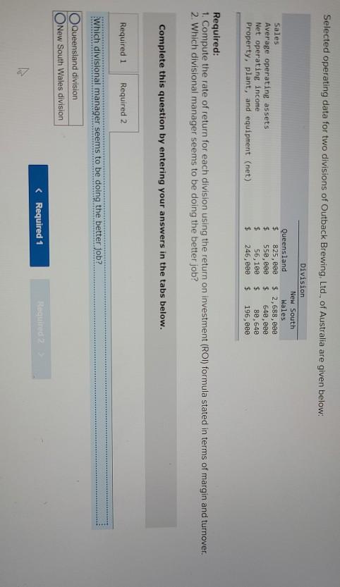 Australia are given below. Sales Average operating assets Net operating income Property,