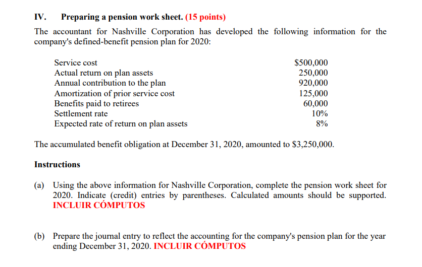  IV. Preparing a pension work sheet. (15 points) The accountant for