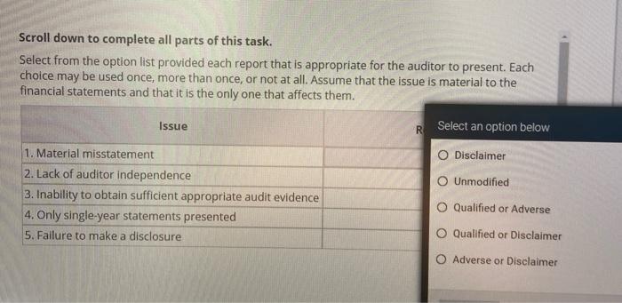  Scroll down to complete all parts of this task. Select from