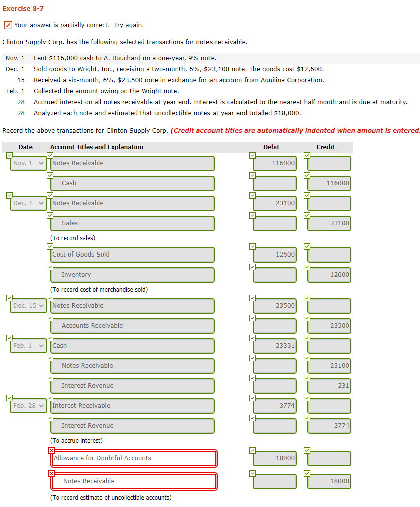 Exercise 8-7 Your answer is partially correct. Try again. Clinton Supply