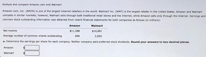  Analyze and compare Amazon.com and Walmart Amazon.com, Inc. (AMZN) is one