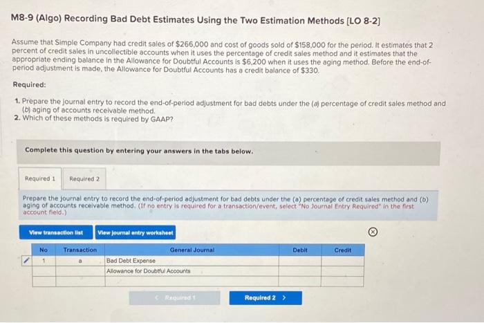  M8-9 (Algo) Recording Bad Debt Estimates Using the Two Estimation Methods