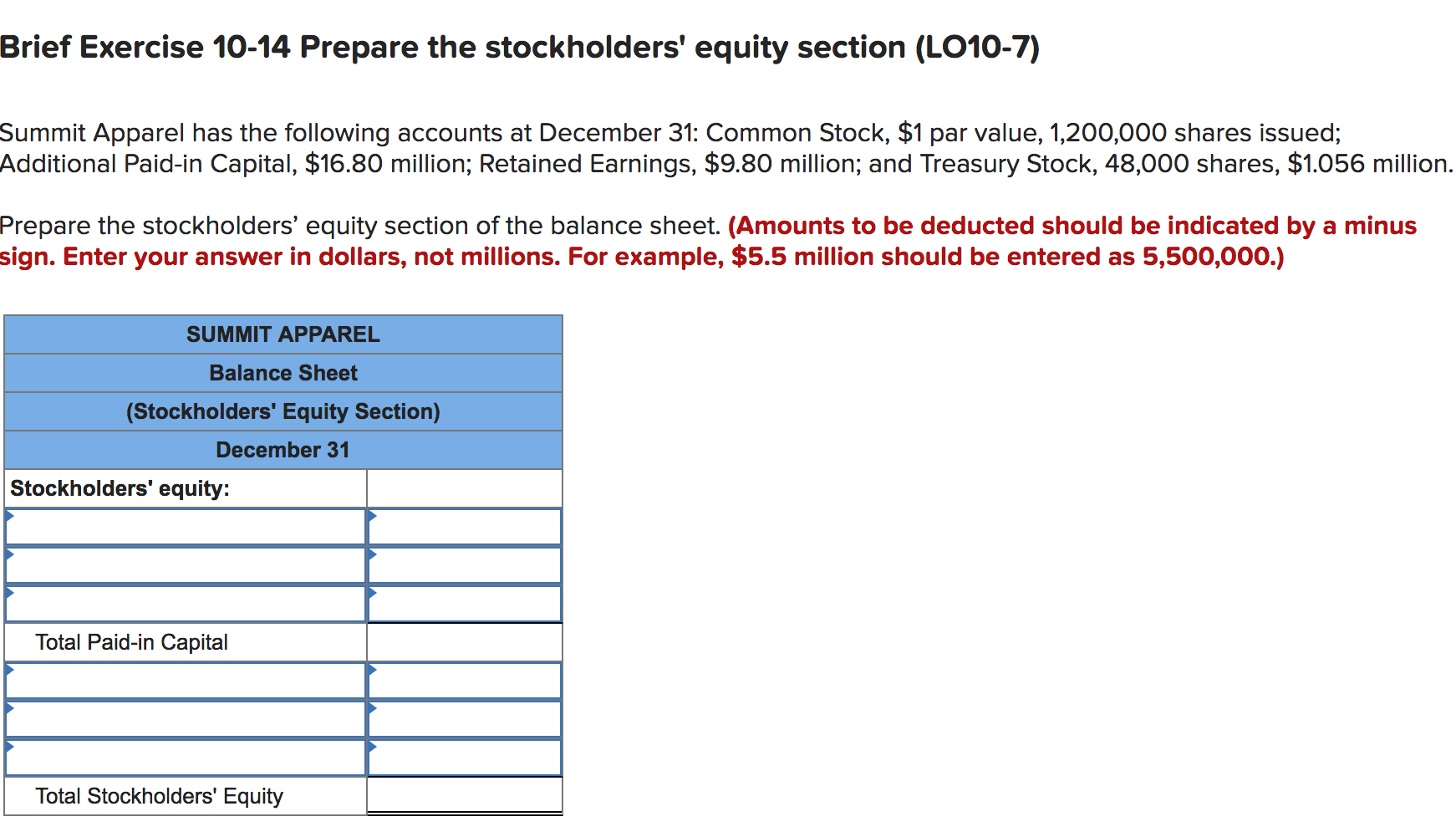  Brief Exercise 10-14 Prepare the stockholders' equity section (LO10-7) Summit Apparel