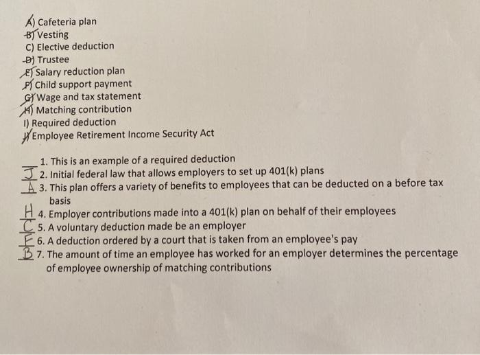  A) Cafeteria plan 81 Vesting C) Elective deduction -) Trustee El