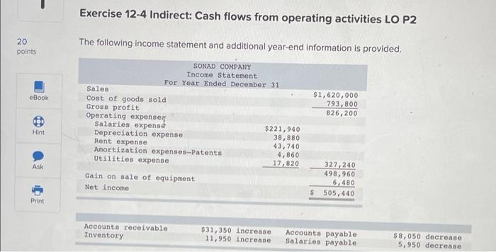  Exercise 12-4 Indirect: Cash flows from operating activities LO P2 20