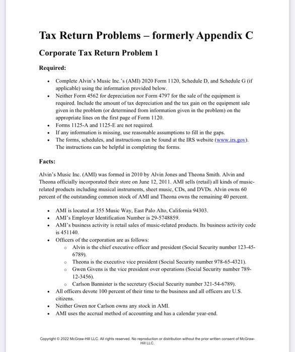  Tax Return Problems - formerly Appendix C Corporate Tax Return Problem