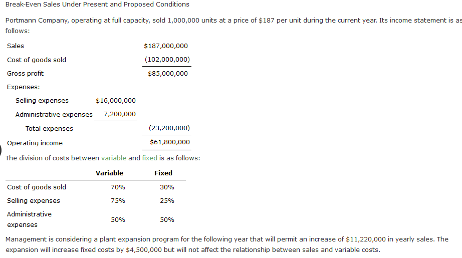 Required: 1. Determine the total variable costs and the total fixed costs