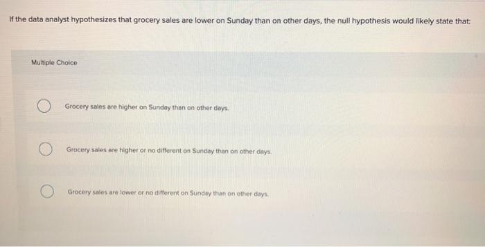  If the data analyst hypothesizes that grocery sales are lower on