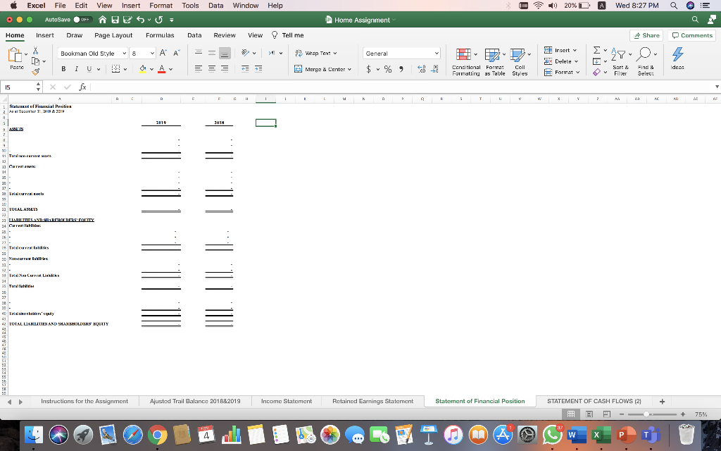 statement of the financial position for the years ending December 31,2018&2019 Excel