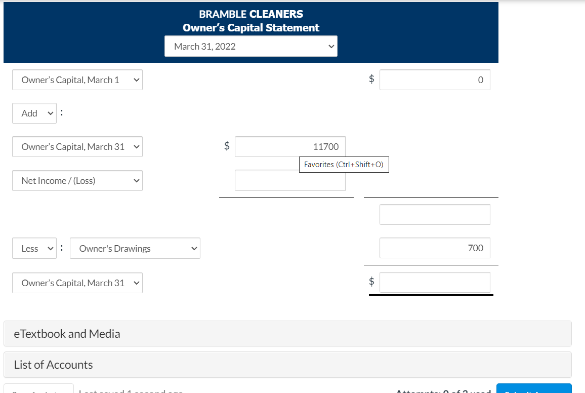 following transactions were completed. Mar. 1 Owner invested $ 11,700 cash in