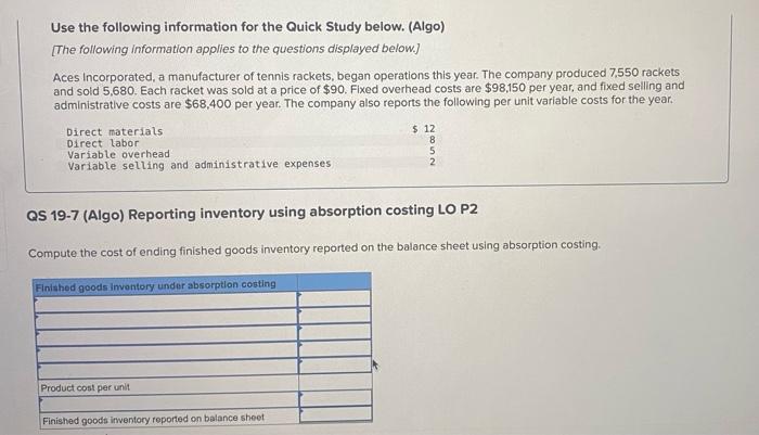  Use the following information for the Quick Study below. (Algo) [The