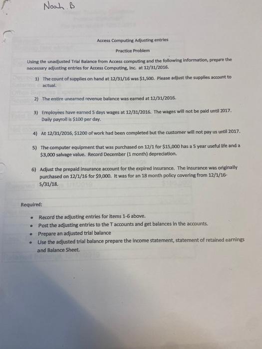  Noah B Access Computing Adjusting entries Practice Problem Using the unadjusted