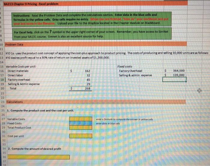  please help! with explanations BA213 Chapter 9 Pricing-Excel problem 2 3