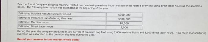  Buy the Pound Company allocates machine-related overhead using machine hours and