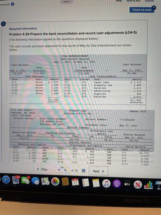  Help Save & Exit Submit mework Check my work Required information