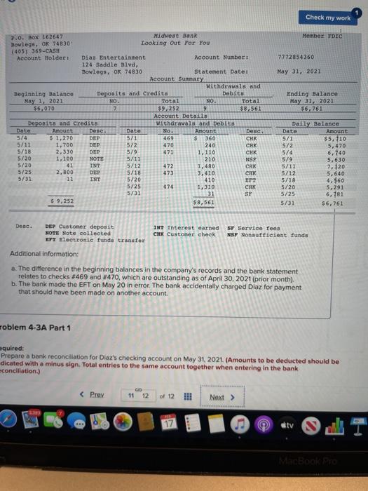 Problem 4-3A Prepare the bank reconciliation and record cash adjustments (L04-5) The