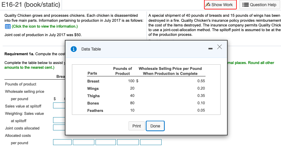  E16-21 (book/static) 4 Show Work Question Help Quality Chicken grows and