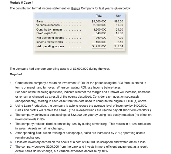  Module 5 Case 4 The contribution format Income statement for Huerca