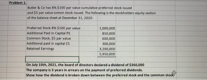  Problem 1. Butler & Co has 8% $100 par value cumulative