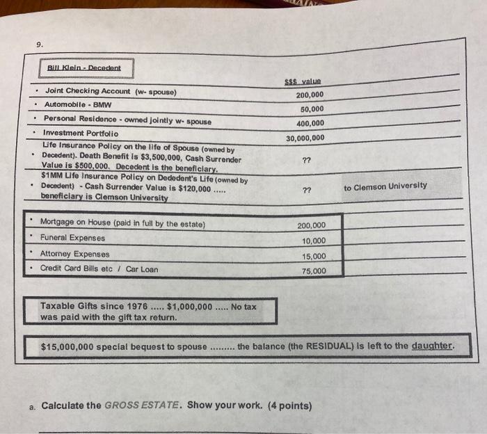  9. Bill Klein - Decedent . SSSR value 200,000 50,000 400,000