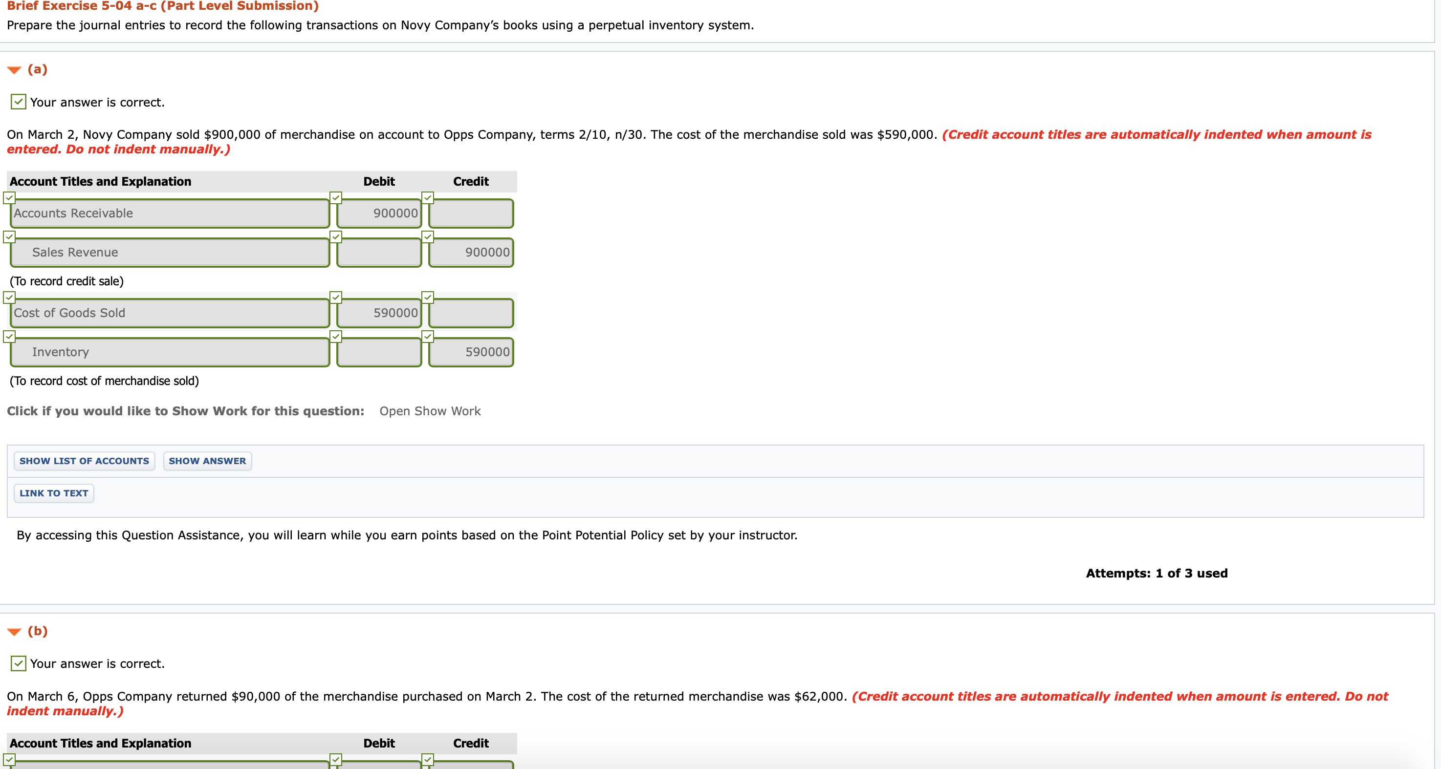 Brief Exercise 5-04 a-c (Part Level Submission) Prepare the journal entries to