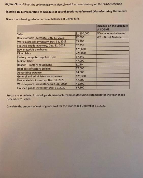  Before Class: Fill out the column below to identify which accounts