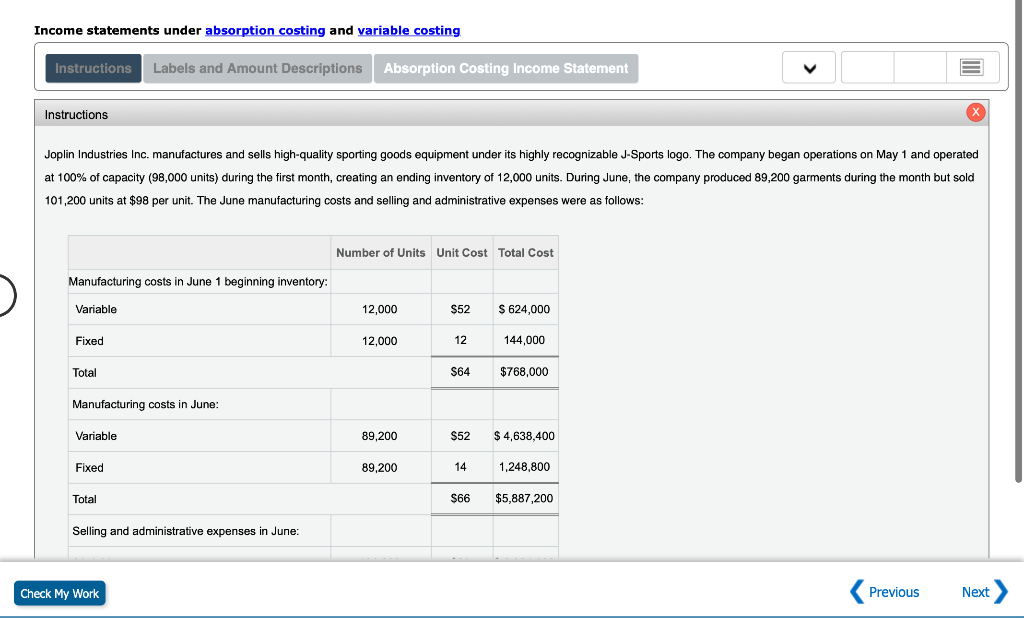 Help ASAP Income statements under absorption costing and variable costing Instructions Labels
