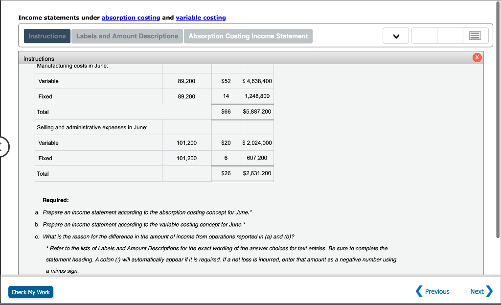 and Amount Descriptions Absorption Costing Income Statement Instructions Joplin Industries Inc. manufactures