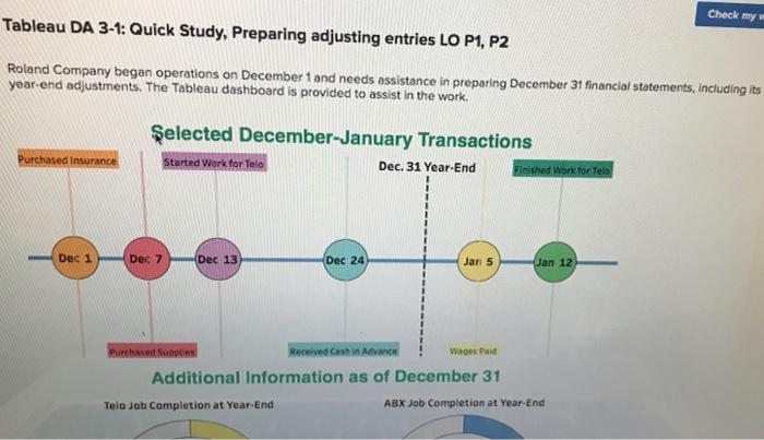 ch 3-10 Check my Tableau DA 3-1: Quick Study, Preparing adjusting entries