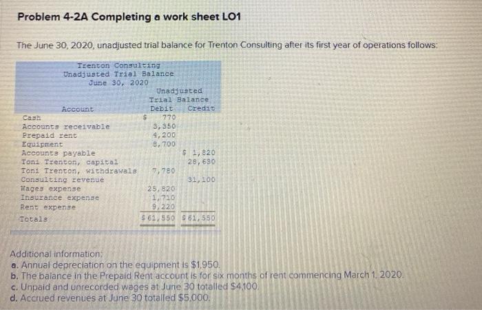  Problem 4-2A Completing a work sheet L01 The June 30, 2020,